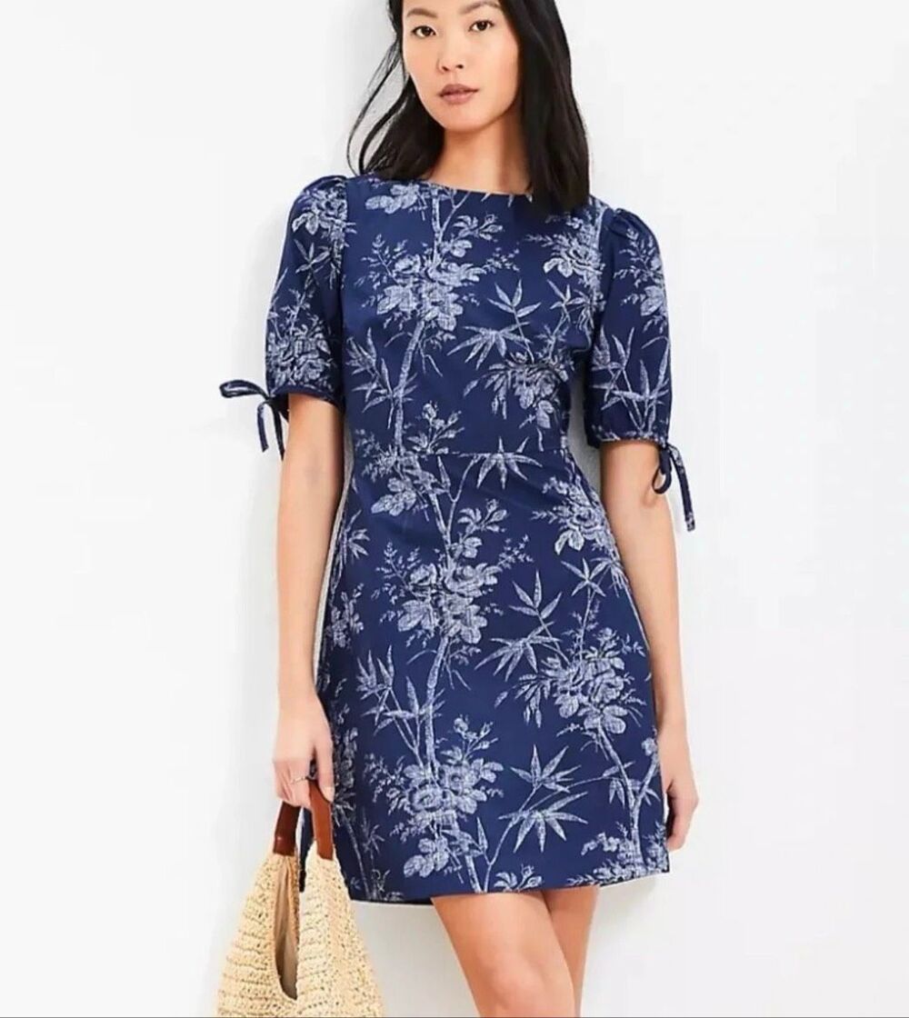Loft cotton navy blue floral back cut out tie-cuff puff sleeves sz 8 NWT